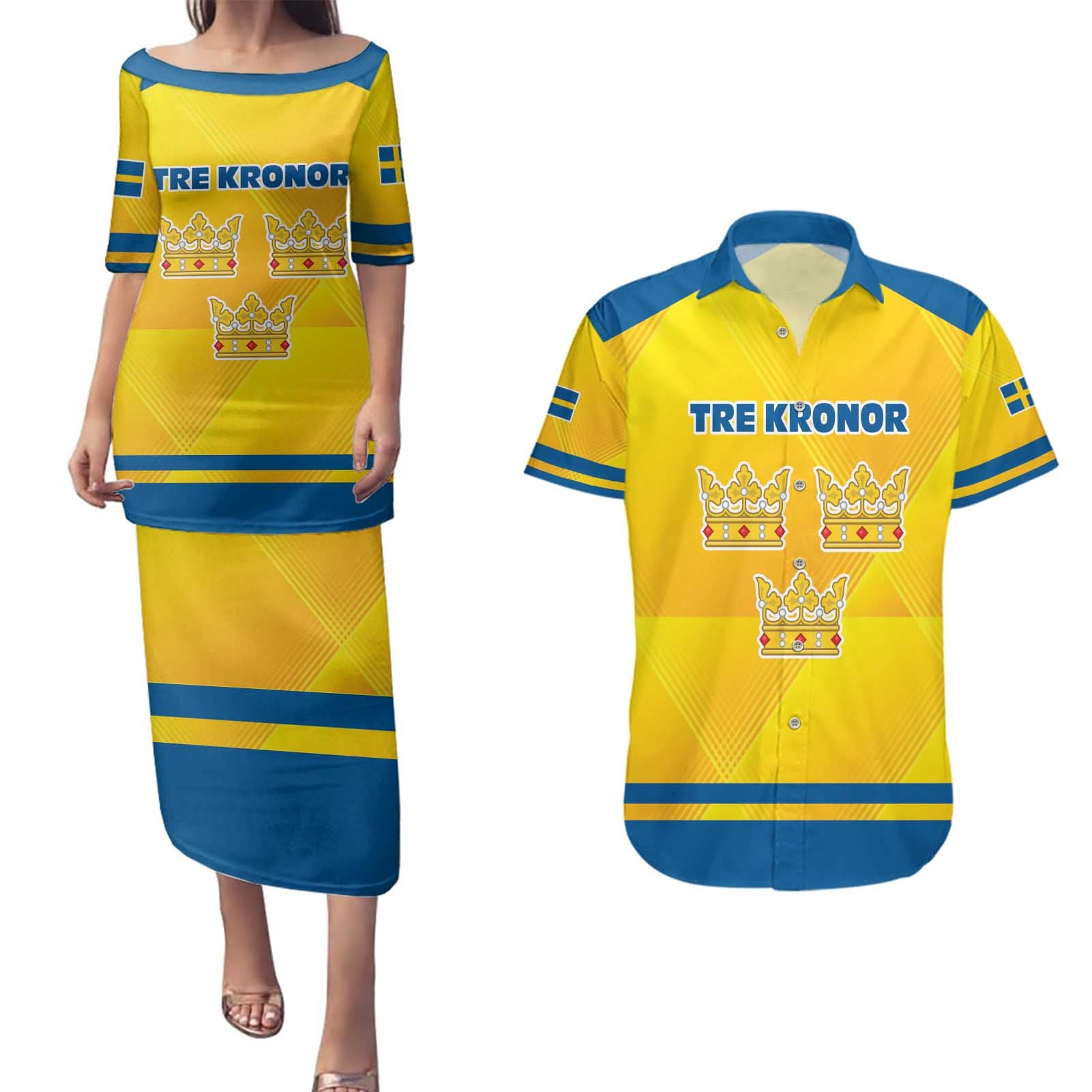 Personalized Sweden Ice Hockey Couples Matching Puletasi and Hawaiian Shirt Sporty Style