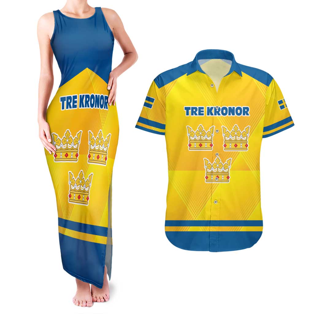 Personalized Sweden Ice Hockey Couples Matching Tank Maxi Dress and Hawaiian Shirt Sporty Style