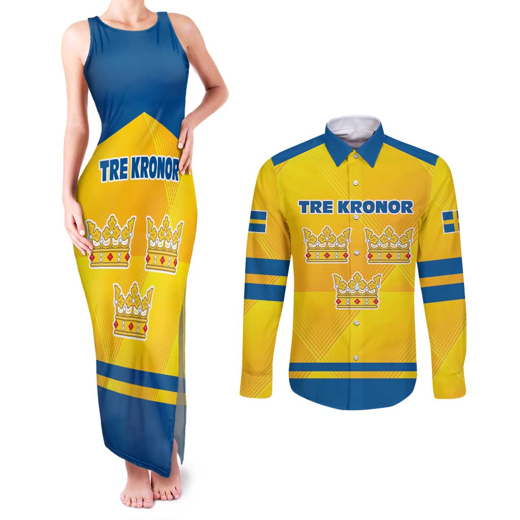 Personalized Sweden Ice Hockey Couples Matching Tank Maxi Dress and Long Sleeve Button Shirt Sporty Style