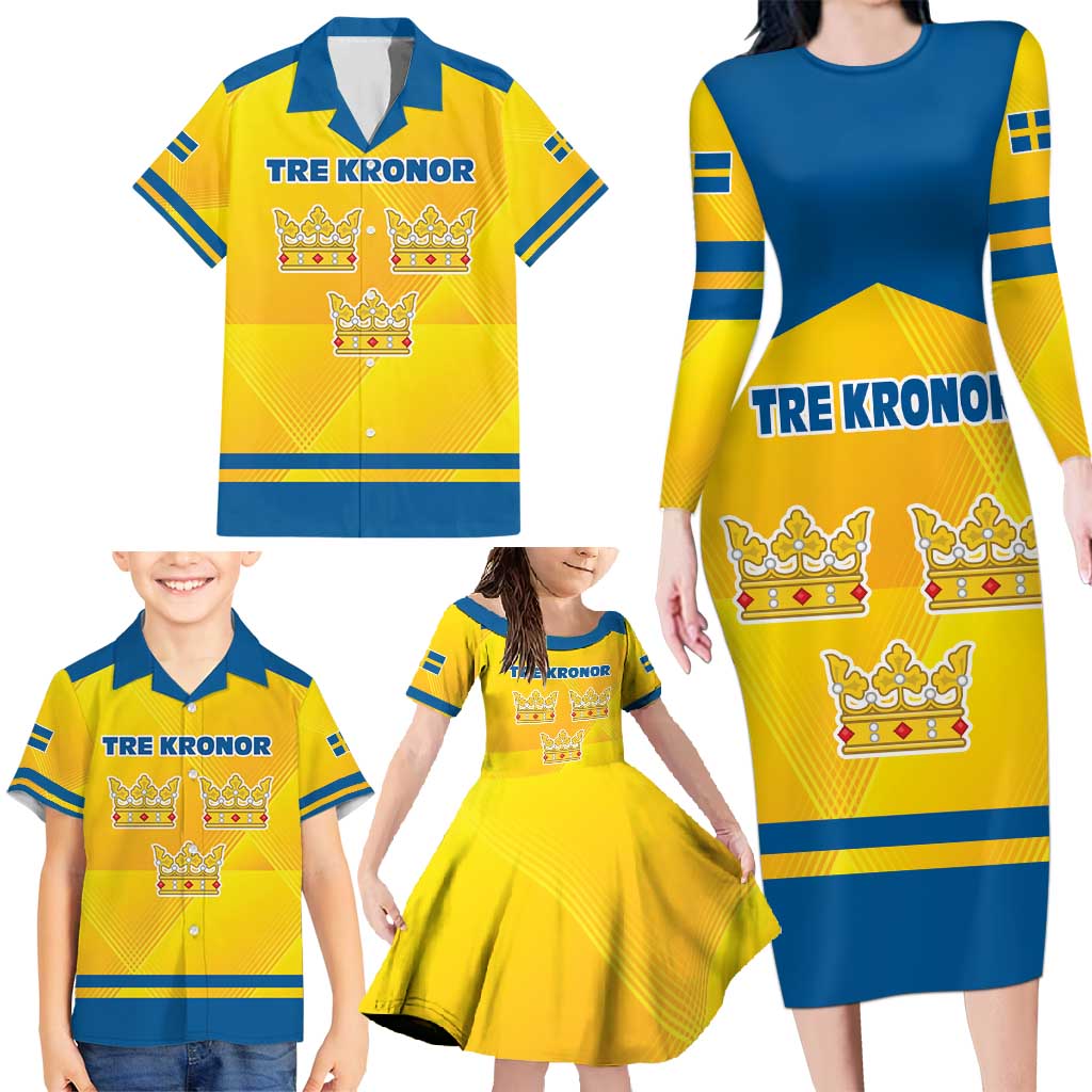 Personalized Sweden Ice Hockey Family Matching Long Sleeve Bodycon Dress and Hawaiian Shirt Sporty Style