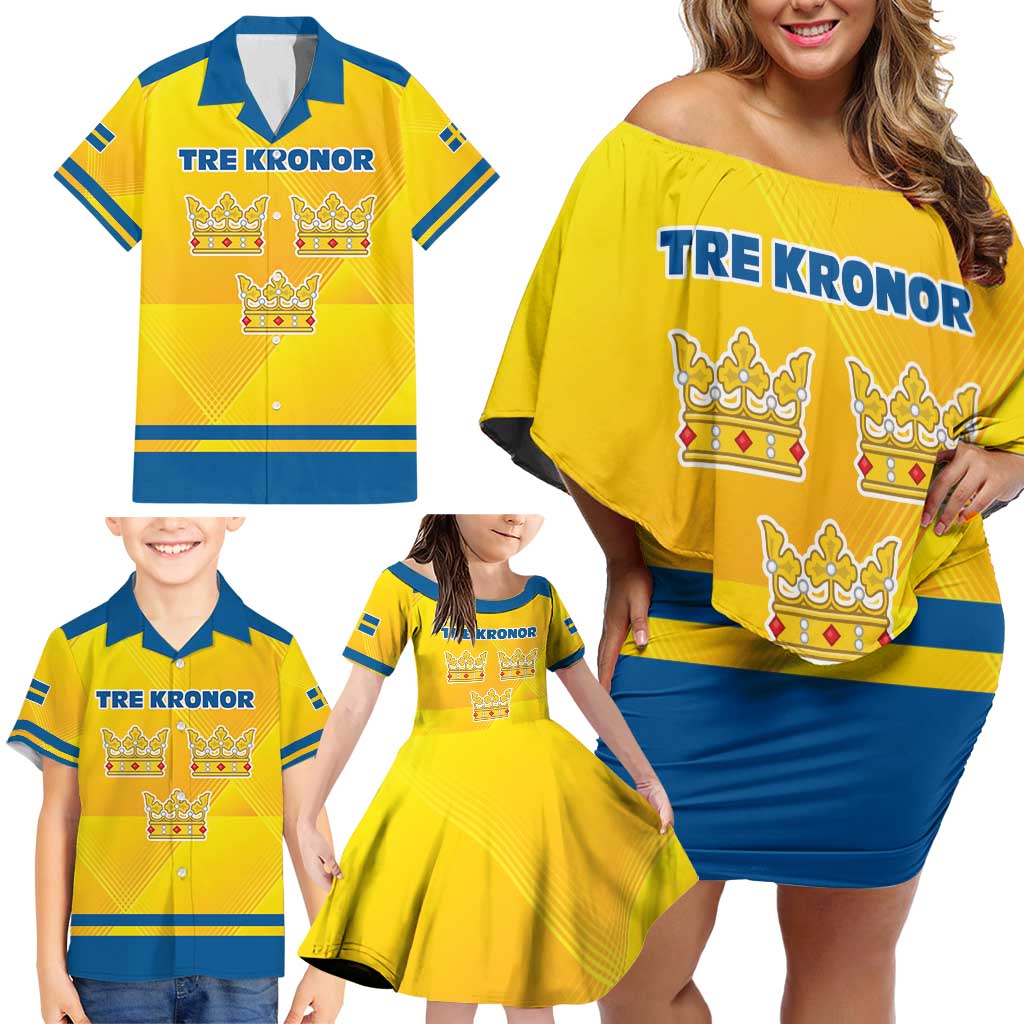 Personalized Sweden Ice Hockey Family Matching Off Shoulder Short Dress and Hawaiian Shirt Sporty Style