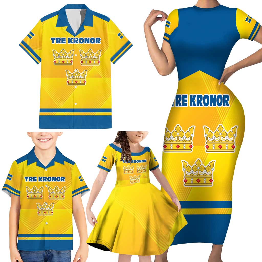 Personalized Sweden Ice Hockey Family Matching Short Sleeve Bodycon Dress and Hawaiian Shirt Sporty Style