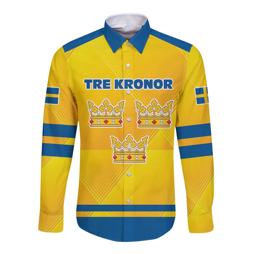 Personalized Sweden Ice Hockey Long Sleeve Button Shirt Sporty Style