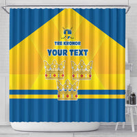 Blue and yellow Sweden-style shower curtain with three crown crests and 'YOUR TEXT'