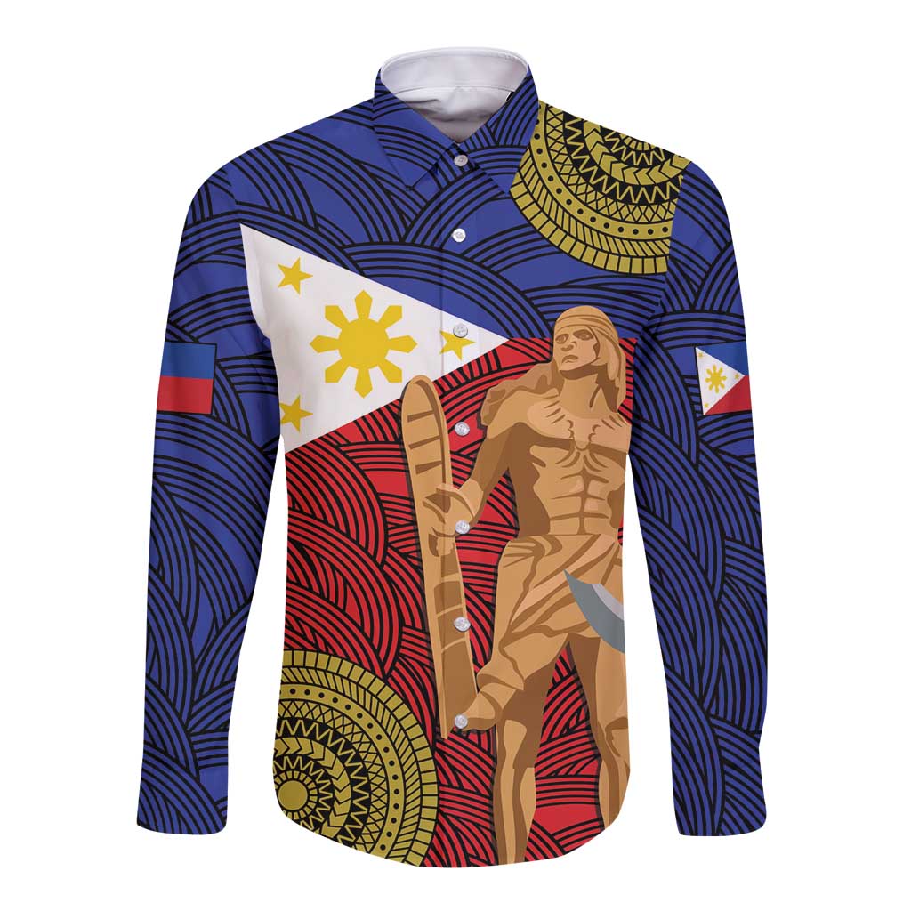 Unisex long-sleeve button shirt with blue collar, front graphic of warrior and flags