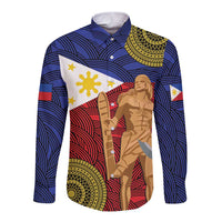 Unisex long-sleeve button shirt with blue collar, front graphic of warrior and flags