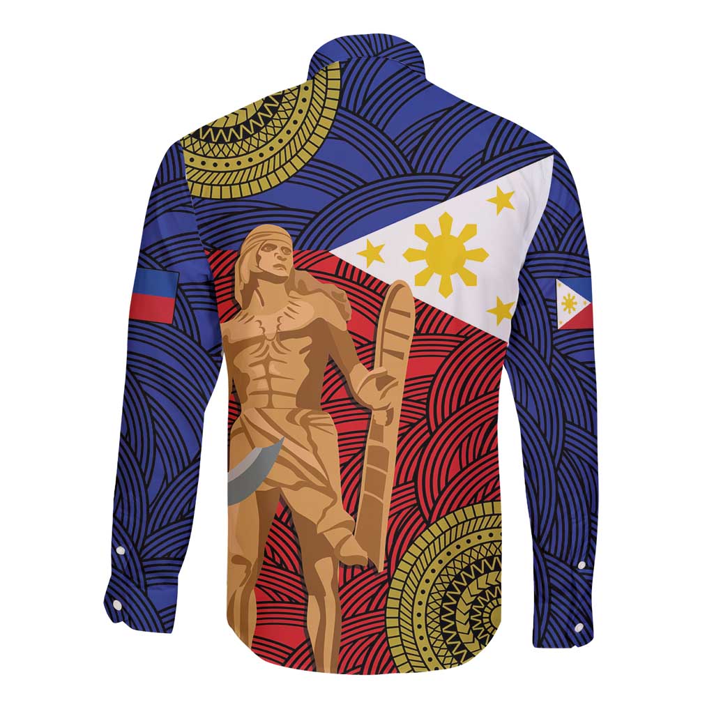 Unisex long-sleeve button shirt with blue collar, back graphic of warrior and medallions