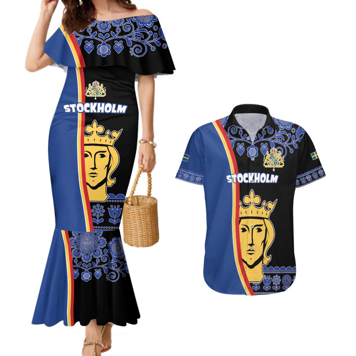 Kingdom of Sweden Stockholm County Couples Matching Mermaid Dress and Hawaiian Shirt Sweden Coat of arms of Stockholm