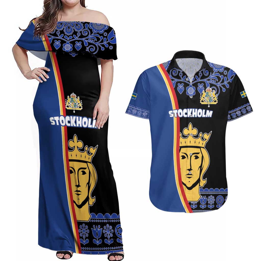 Kingdom of Sweden Stockholm County Couples Matching Off Shoulder Maxi Dress and Hawaiian Shirt Sweden Coat of arms of Stockholm