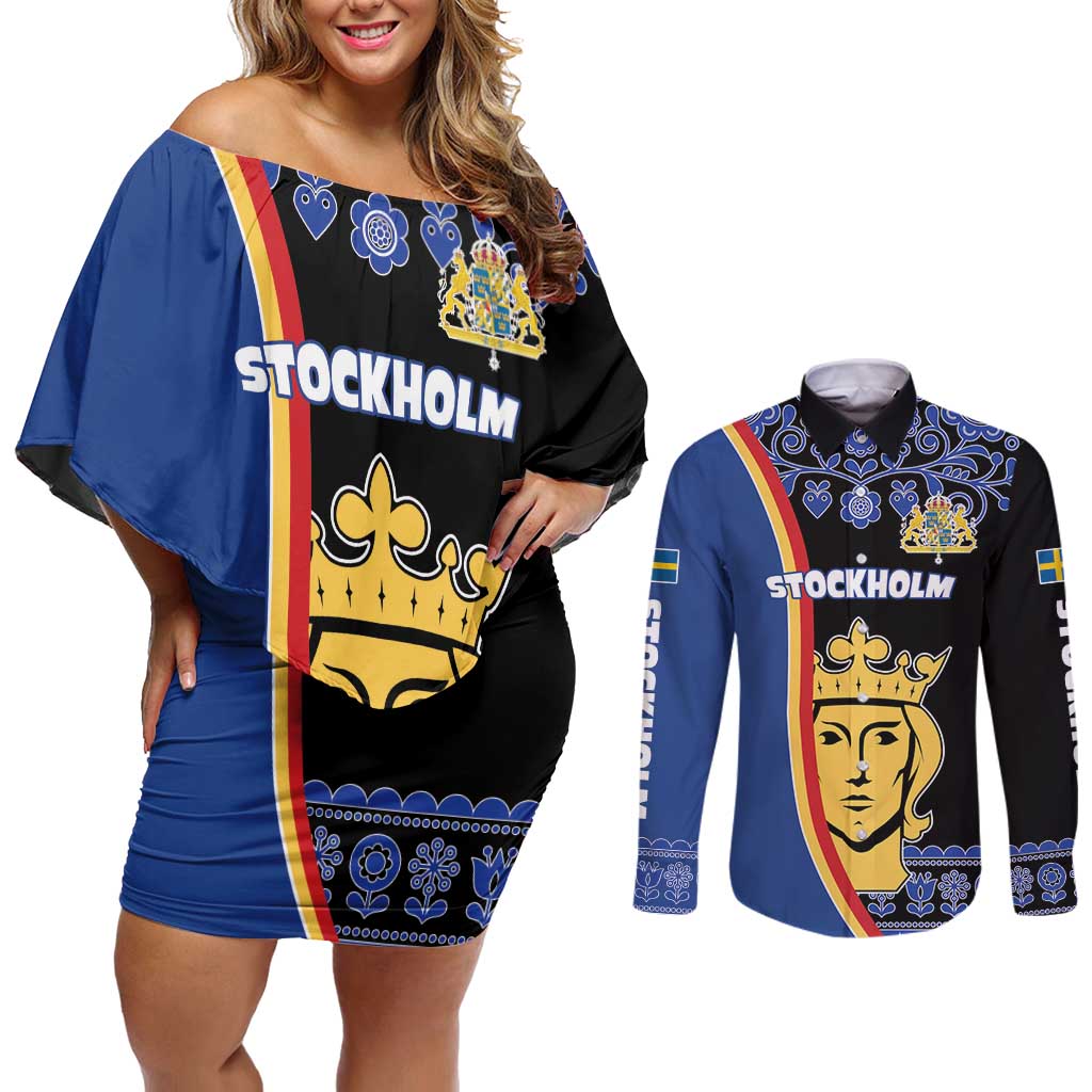 Kingdom of Sweden Stockholm County Couples Matching Off Shoulder Short Dress and Long Sleeve Button Shirt Sweden Coat of arms of Stockholm