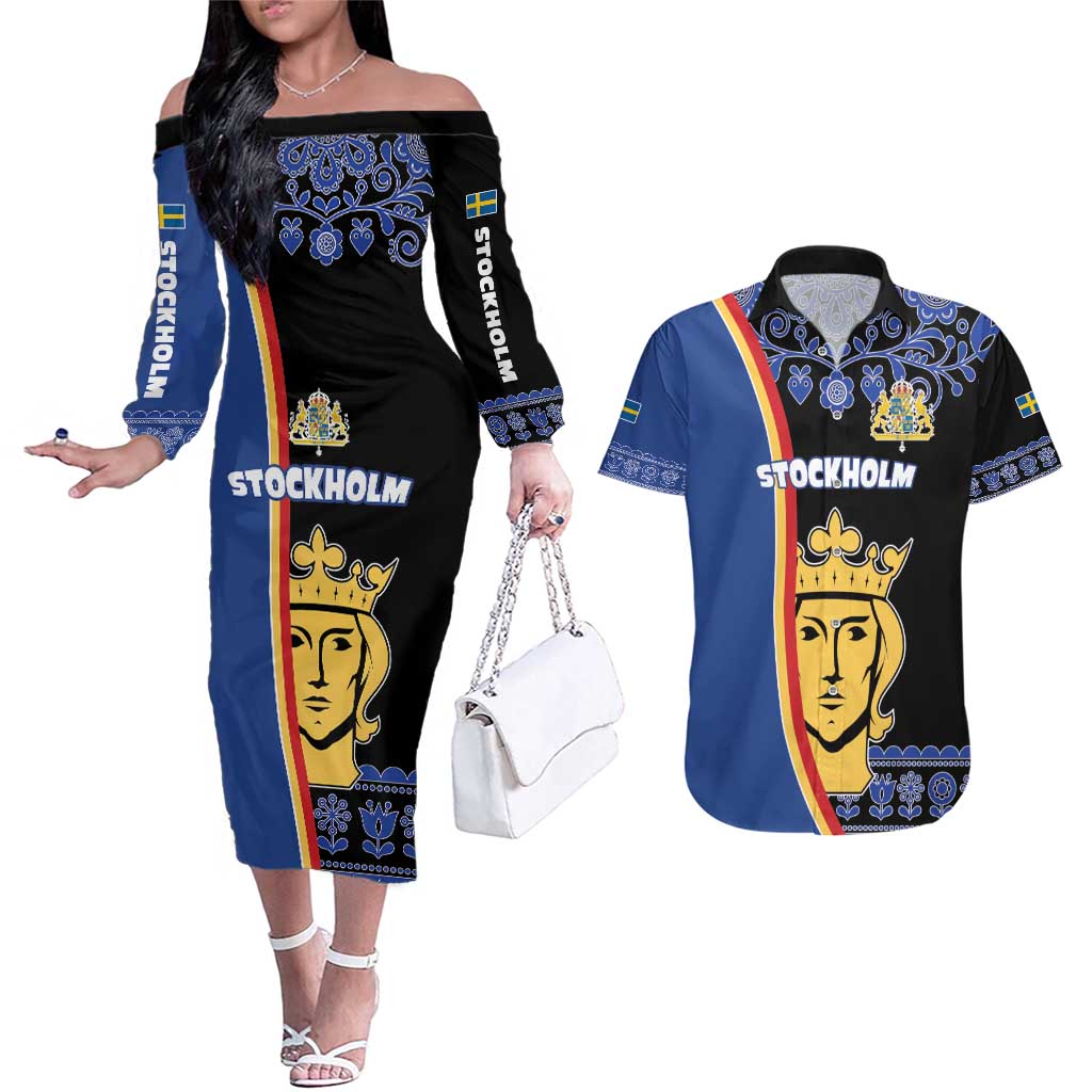 Kingdom of Sweden Stockholm County Couples Matching Off The Shoulder Long Sleeve Dress and Hawaiian Shirt Sweden Coat of arms of Stockholm