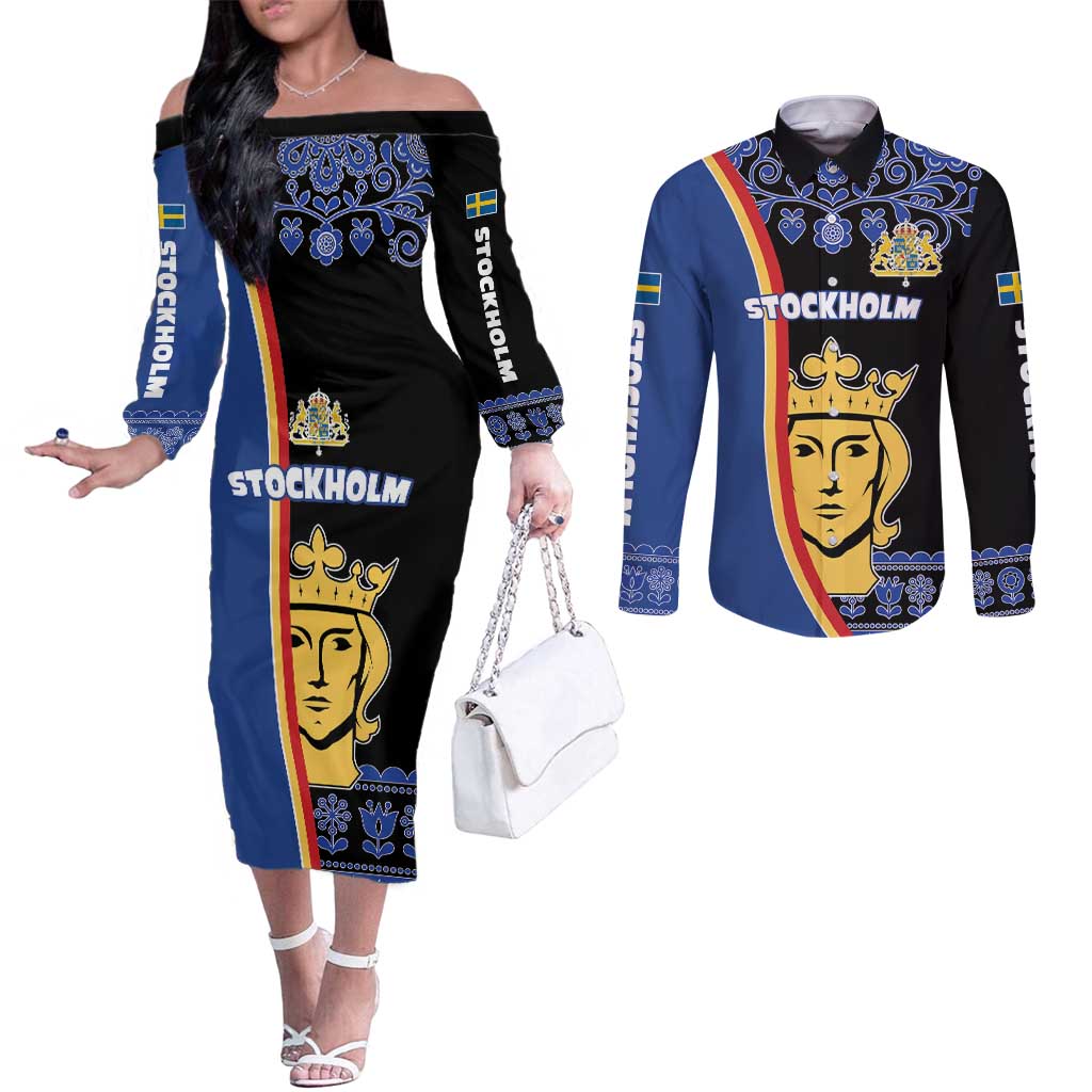 Kingdom of Sweden Stockholm County Couples Matching Off The Shoulder Long Sleeve Dress and Long Sleeve Button Shirt Sweden Coat of arms of Stockholm