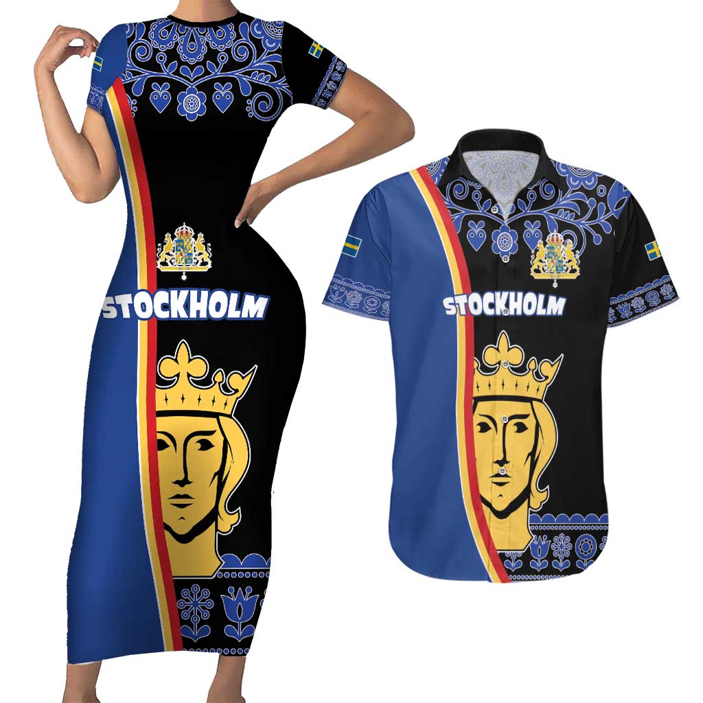 Kingdom of Sweden Stockholm County Couples Matching Short Sleeve Bodycon Dress and Hawaiian Shirt Sweden Coat of arms of Stockholm