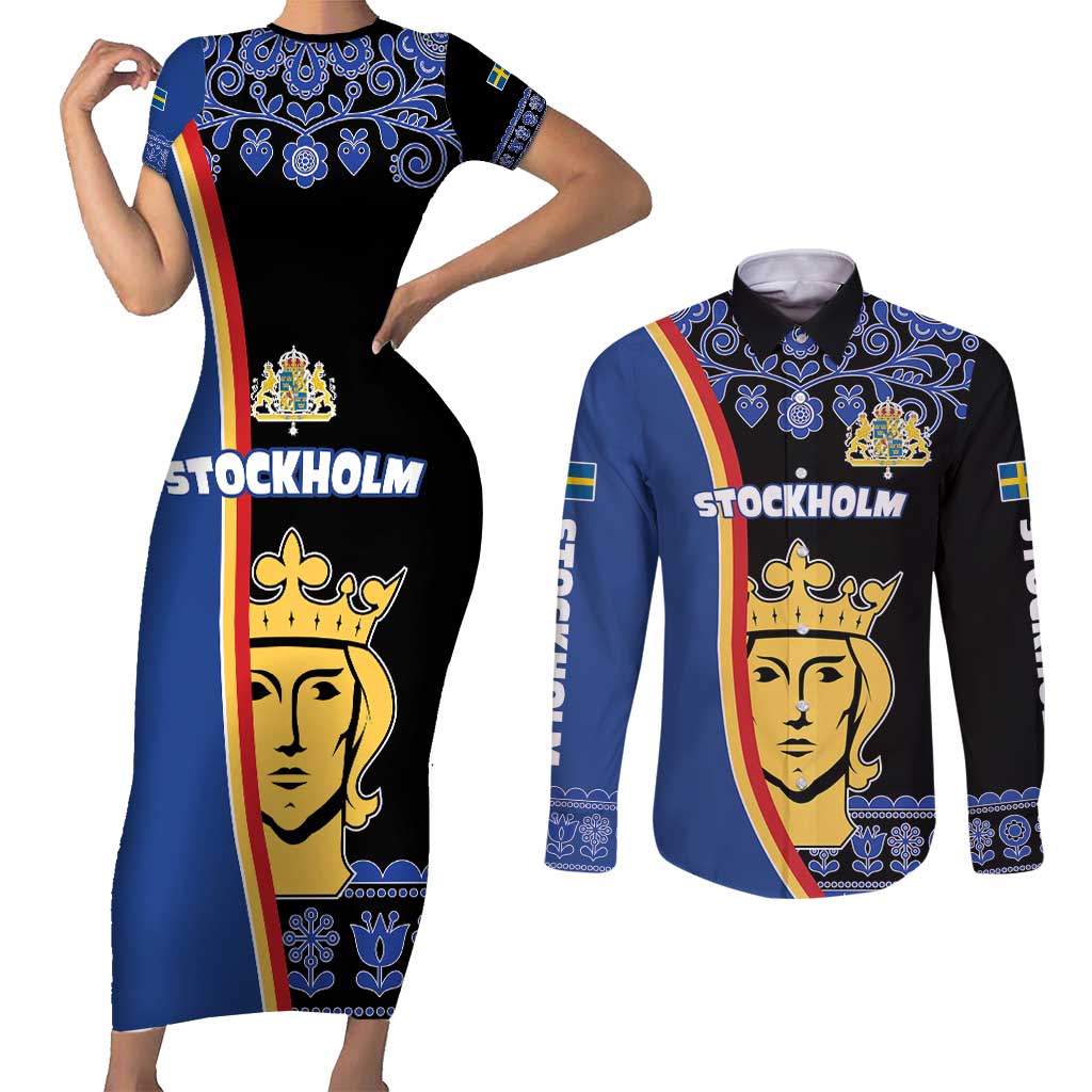 Kingdom of Sweden Stockholm County Couples Matching Short Sleeve Bodycon Dress and Long Sleeve Button Shirt Sweden Coat of arms of Stockholm