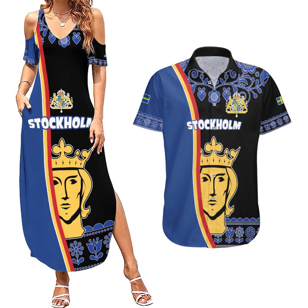 Kingdom of Sweden Stockholm County Couples Matching Summer Maxi Dress and Hawaiian Shirt Sweden Coat of arms of Stockholm