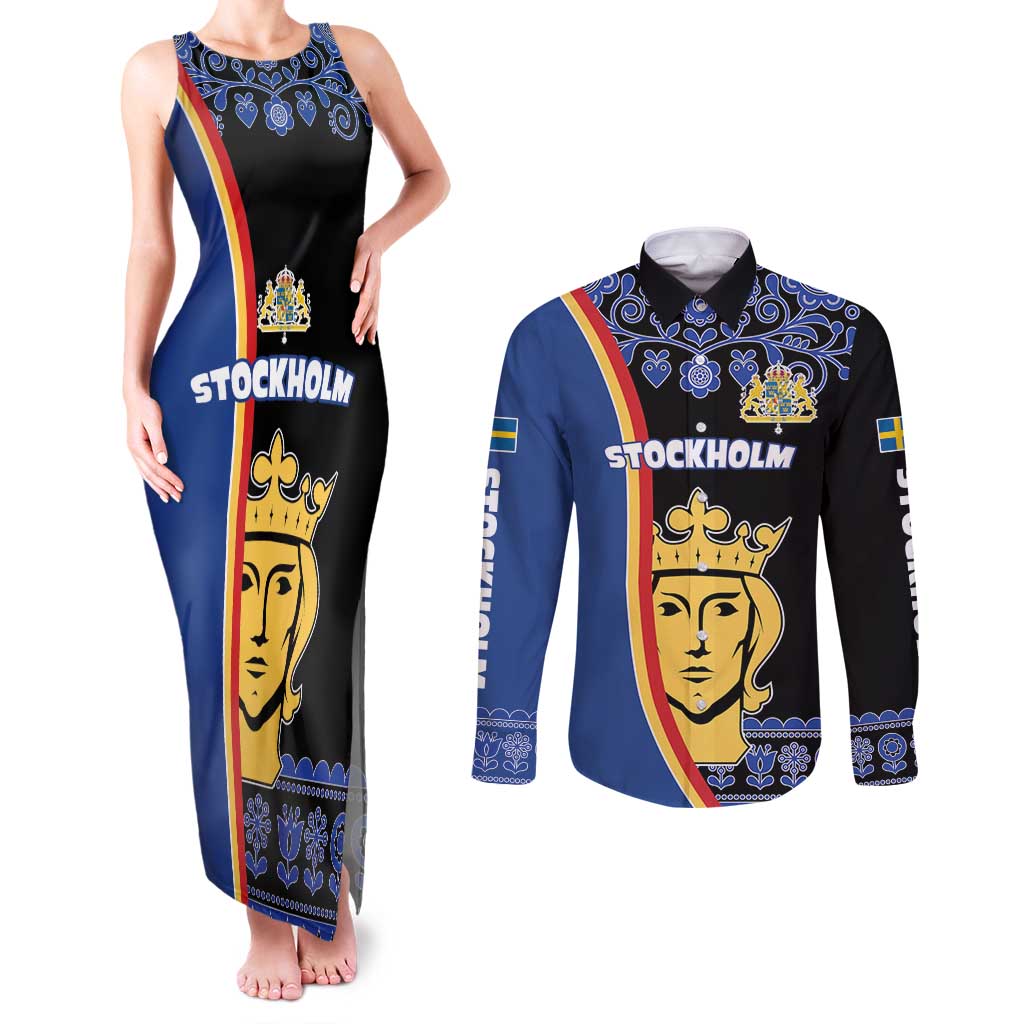 Kingdom of Sweden Stockholm County Couples Matching Tank Maxi Dress and Long Sleeve Button Shirt Sweden Coat of arms of Stockholm