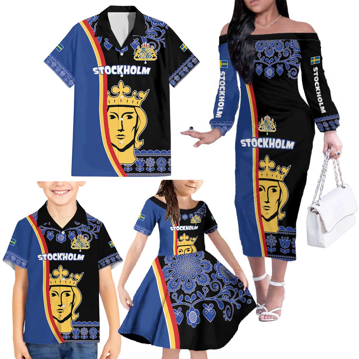 Kingdom of Sweden Stockholm County Family Matching Off The Shoulder Long Sleeve Dress and Hawaiian Shirt Sweden Coat of arms of Stockholm