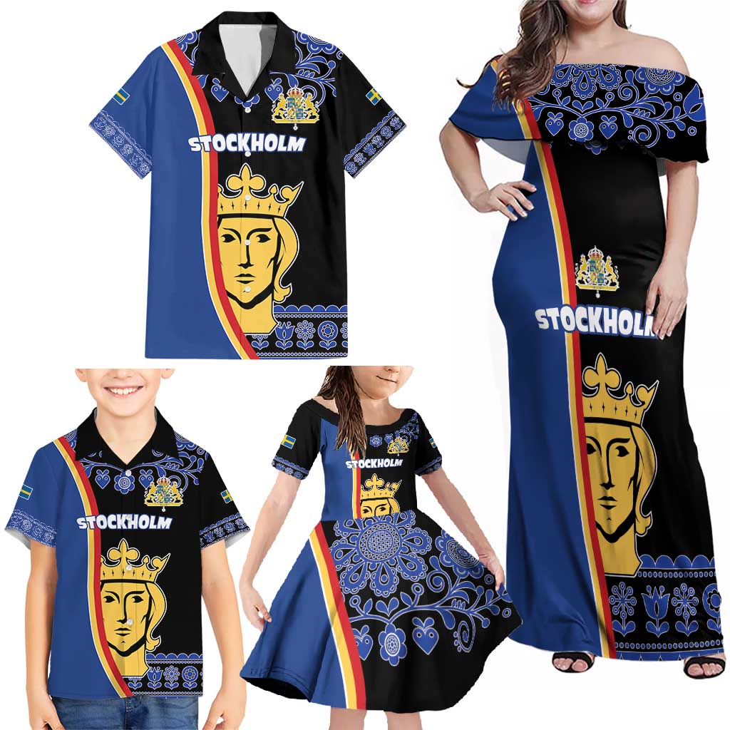 Kingdom of Sweden Stockholm County Family Matching Off Shoulder Maxi Dress and Hawaiian Shirt Sweden Coat of arms of Stockholm