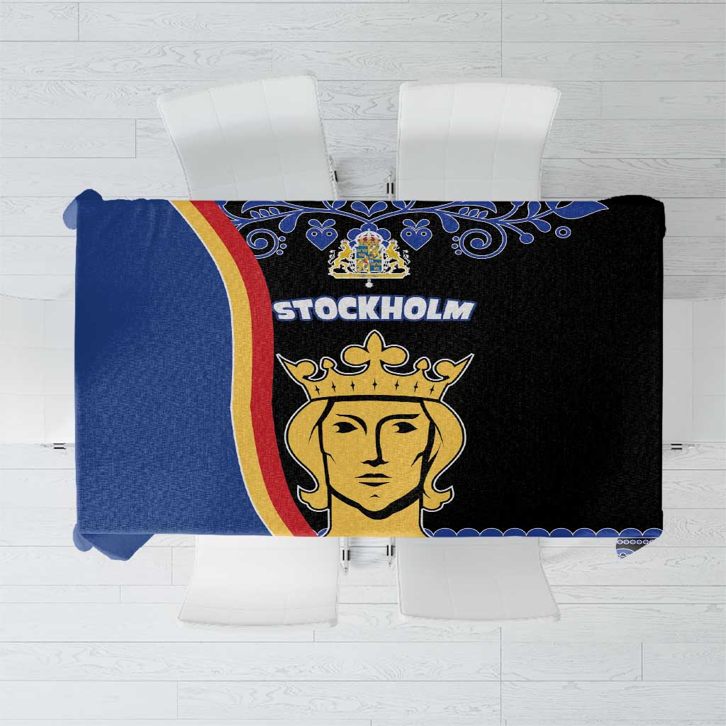 Stockholm crest tablecloth with blue floral pattern, gold crown, red stripe, dark border