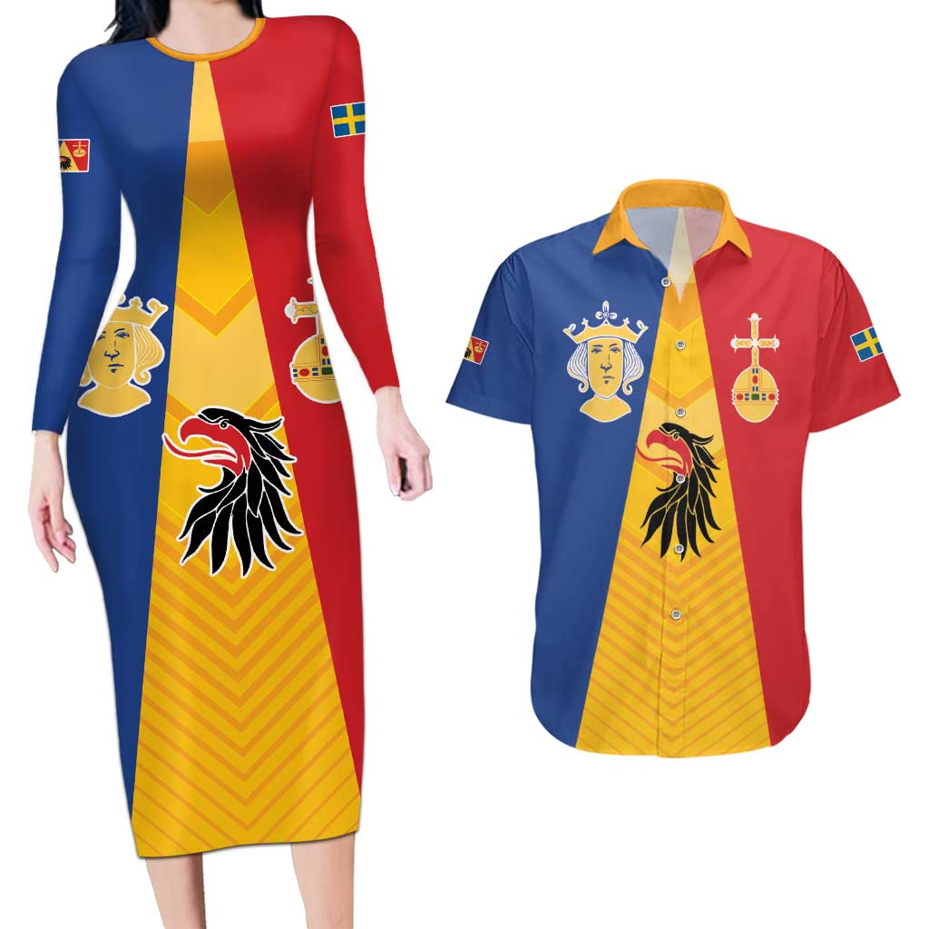 Kingdom of Sweden Stockholm County Couples Matching Long Sleeve Bodycon Dress and Hawaiian Shirt Flag Style