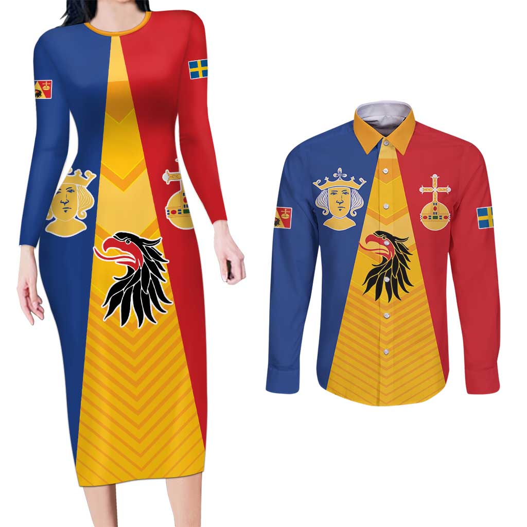 Kingdom of Sweden Stockholm County Couples Matching Long Sleeve Bodycon Dress and Long Sleeve Button Shirt Flag Style