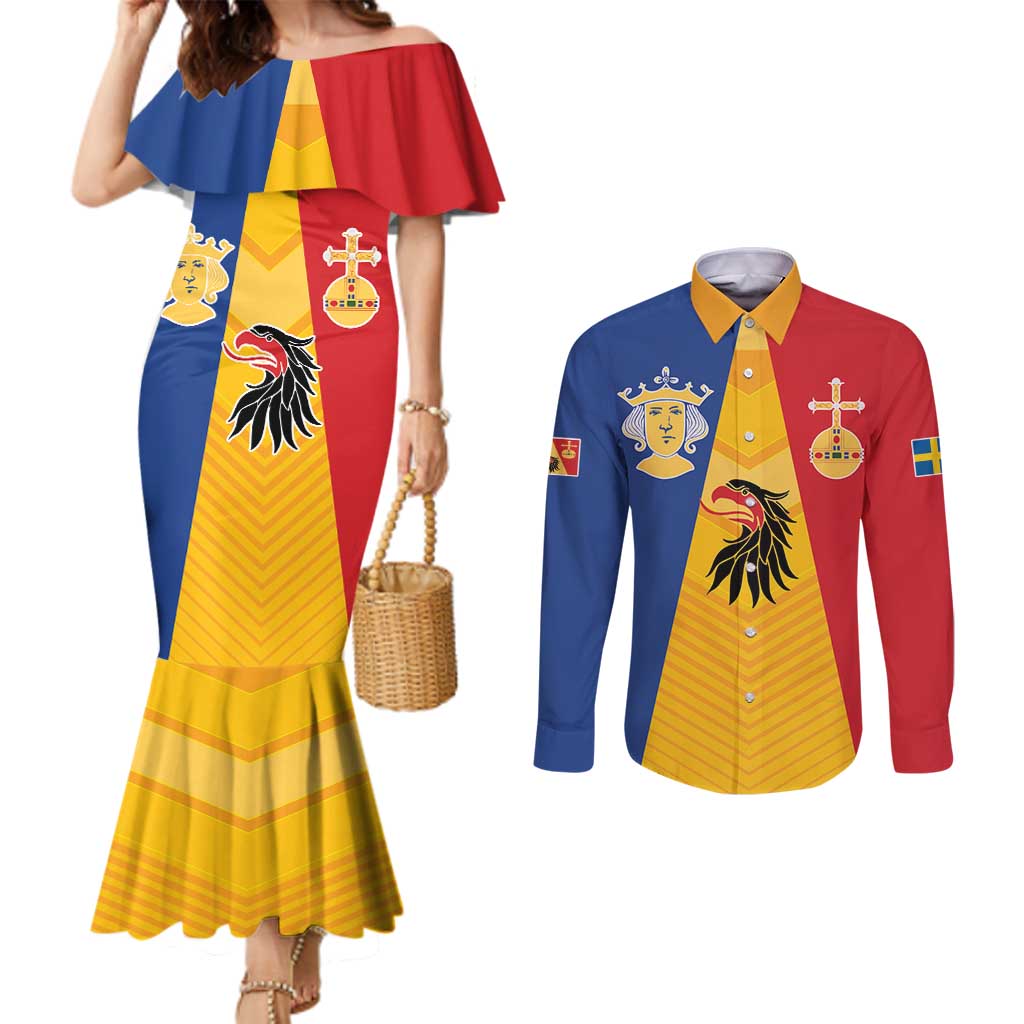 Kingdom of Sweden Stockholm County Couples Matching Mermaid Dress and Long Sleeve Button Shirt Flag Style