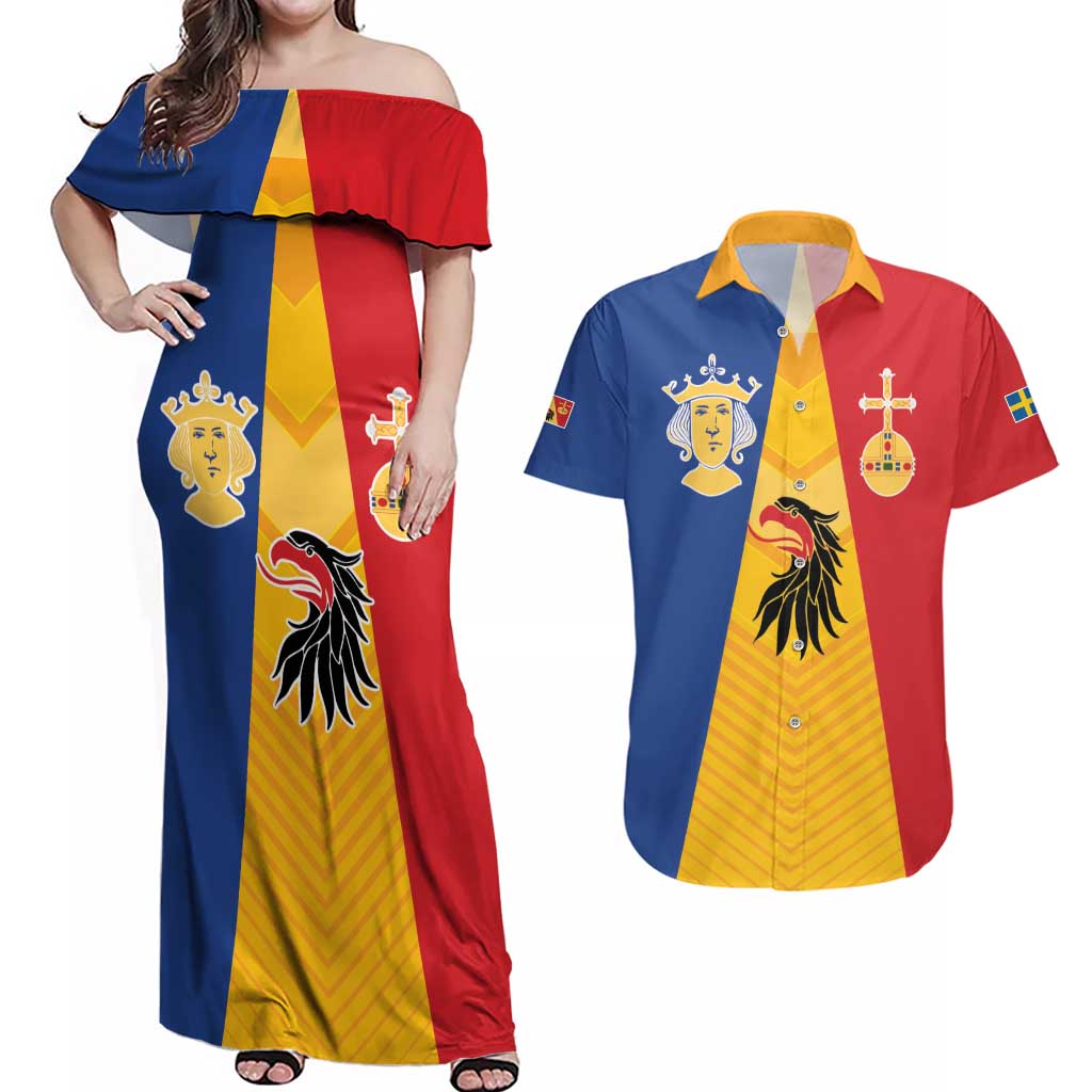 Kingdom of Sweden Stockholm County Couples Matching Off Shoulder Maxi Dress and Hawaiian Shirt Flag Style