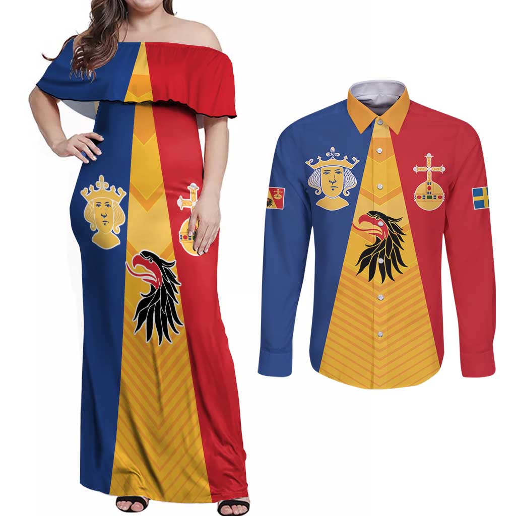 Kingdom of Sweden Stockholm County Couples Matching Off Shoulder Maxi Dress and Long Sleeve Button Shirt Flag Style