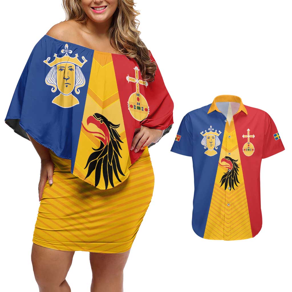 Kingdom of Sweden Stockholm County Couples Matching Off Shoulder Short Dress and Hawaiian Shirt Flag Style