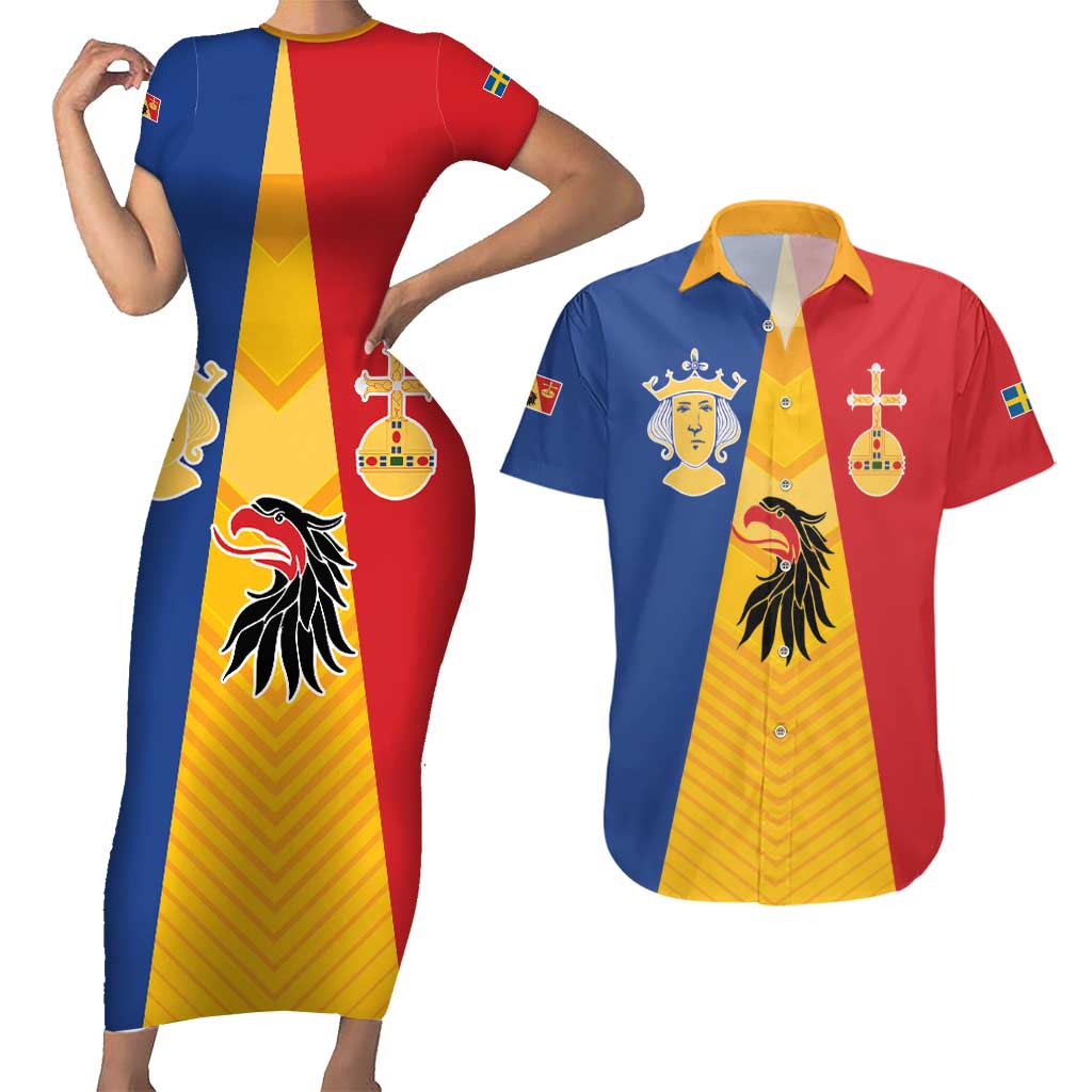 Kingdom of Sweden Stockholm County Couples Matching Short Sleeve Bodycon Dress and Hawaiian Shirt Flag Style