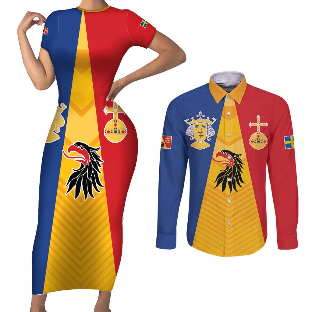 Kingdom of Sweden Stockholm County Couples Matching Short Sleeve Bodycon Dress and Long Sleeve Button Shirt Flag Style