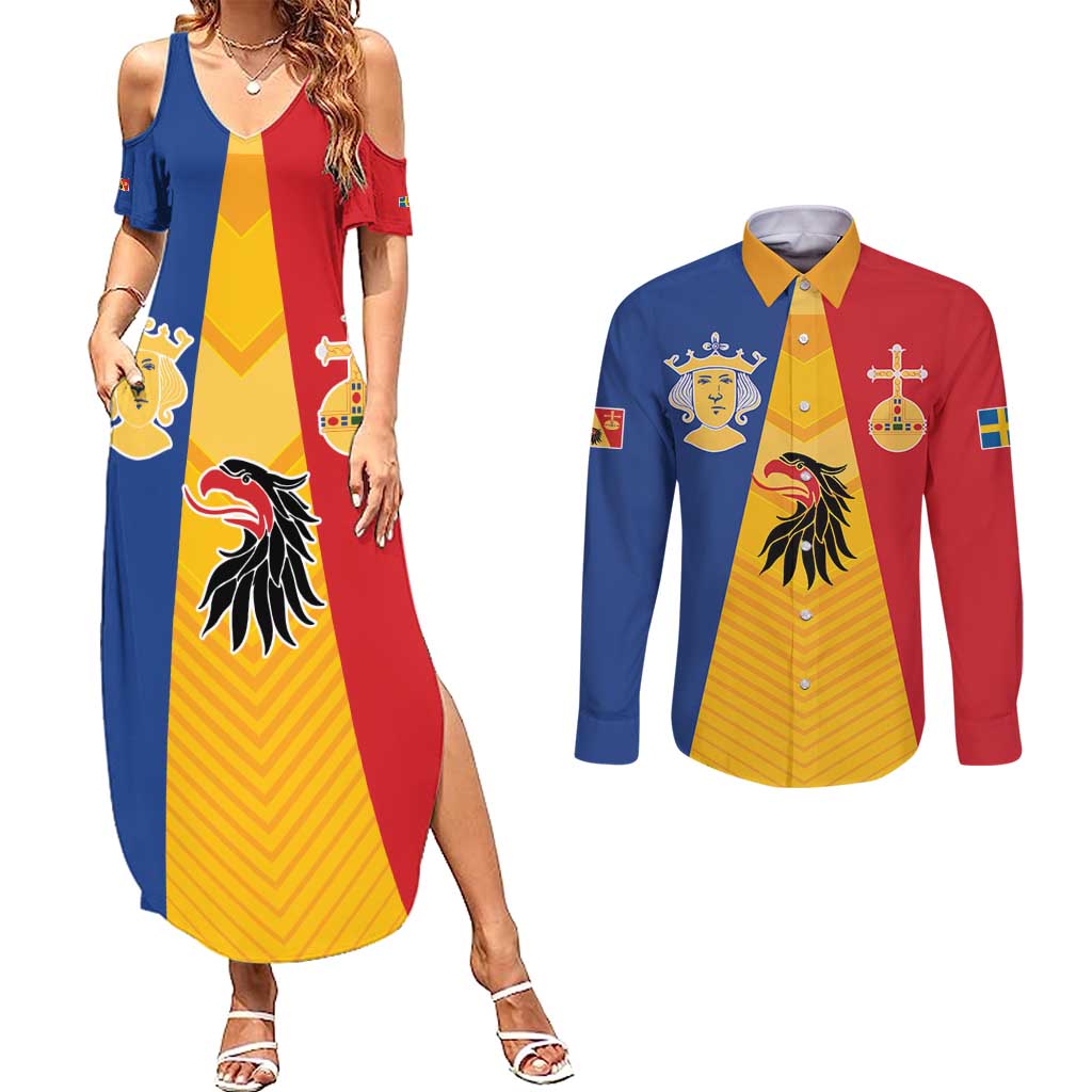 Kingdom of Sweden Stockholm County Couples Matching Summer Maxi Dress and Long Sleeve Button Shirt Flag Style