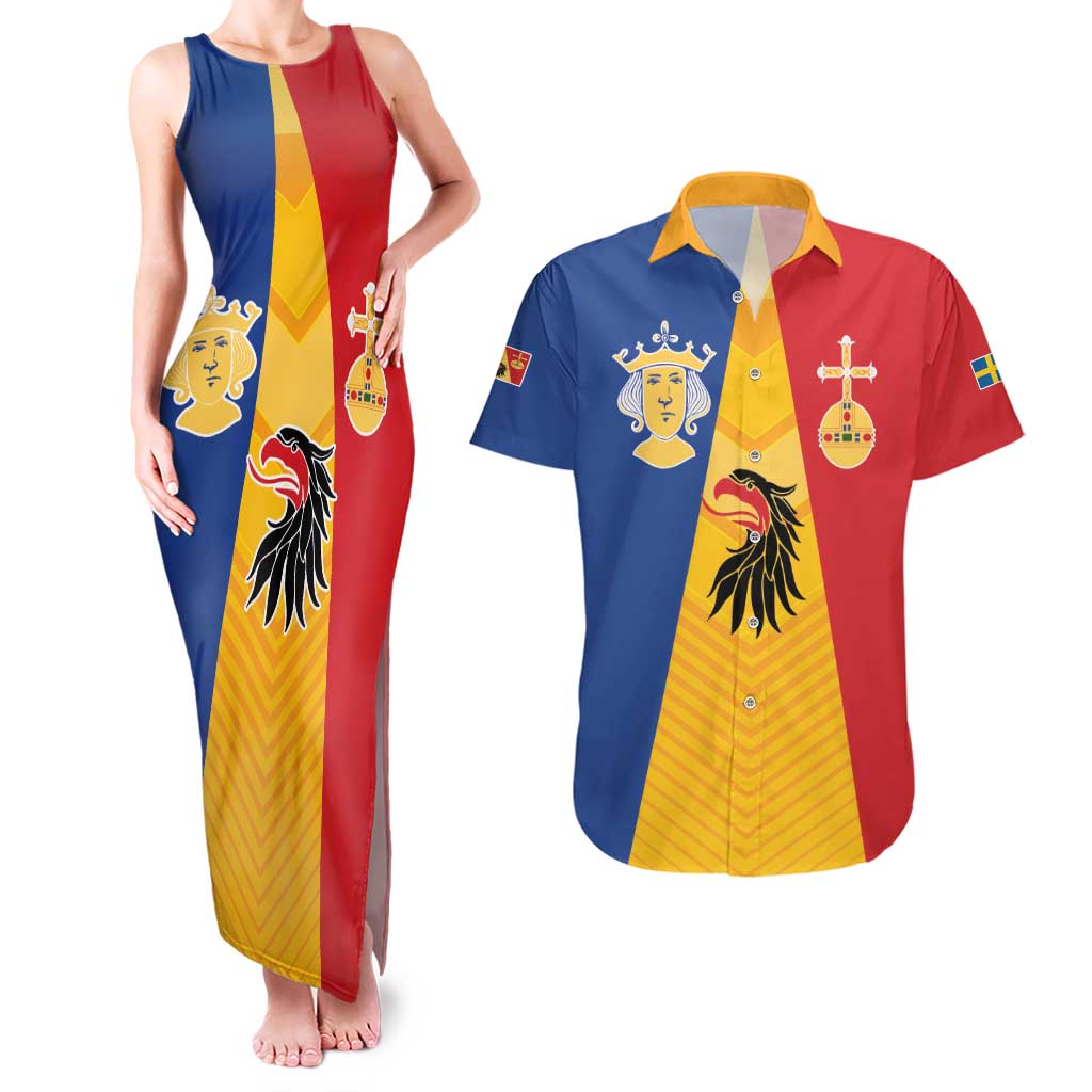 Kingdom of Sweden Stockholm County Couples Matching Tank Maxi Dress and Hawaiian Shirt Flag Style