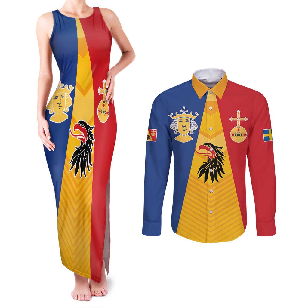 Kingdom of Sweden Stockholm County Couples Matching Tank Maxi Dress and Long Sleeve Button Shirt Flag Style