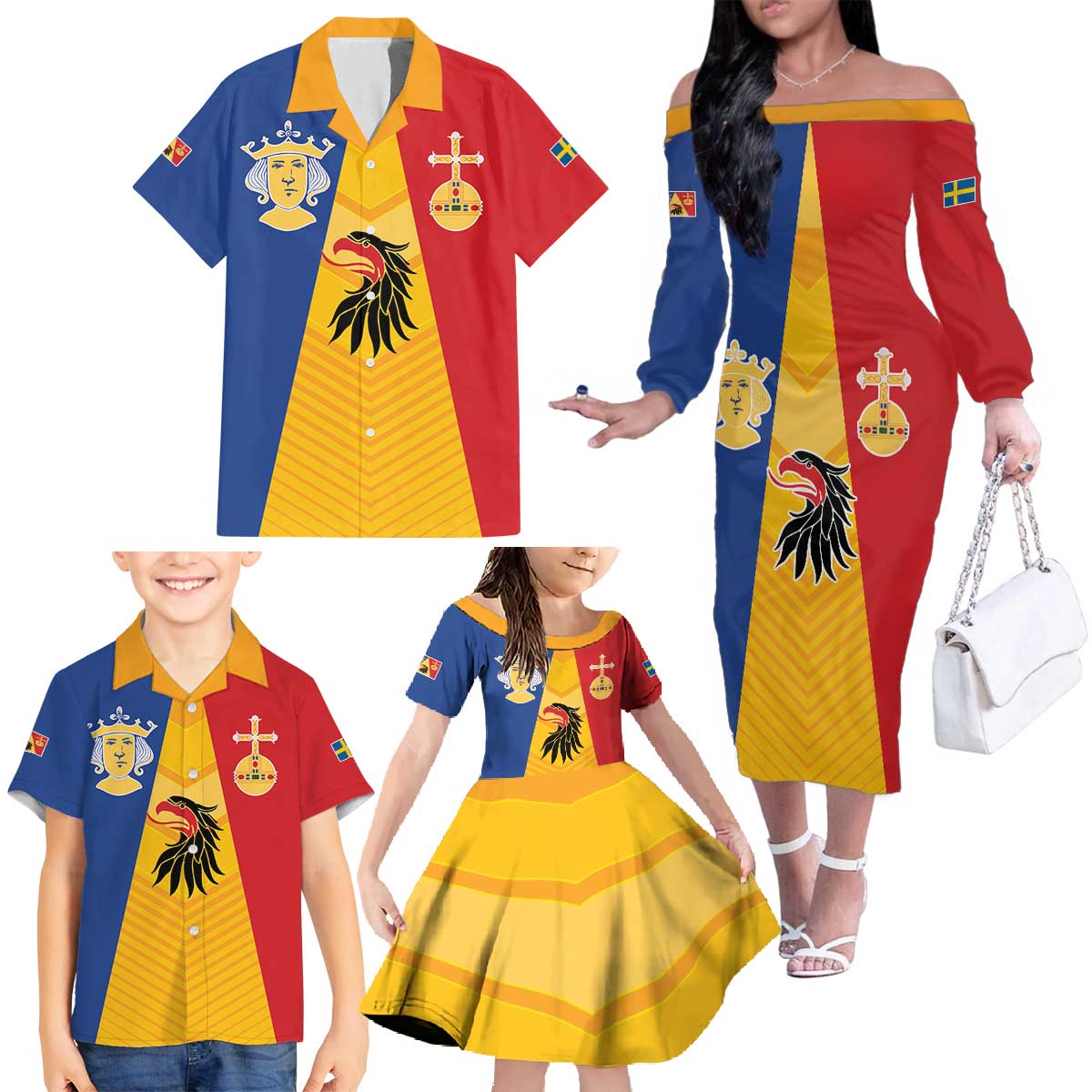 Kingdom of Sweden Stockholm County Family Matching Off The Shoulder Long Sleeve Dress and Hawaiian Shirt Flag Style