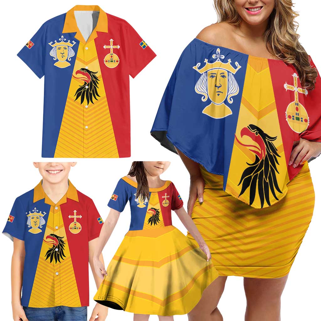 Kingdom of Sweden Stockholm County Family Matching Off Shoulder Short Dress and Hawaiian Shirt Flag Style