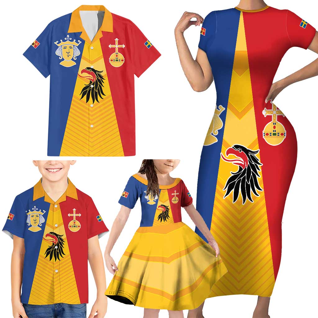 Kingdom of Sweden Stockholm County Family Matching Short Sleeve Bodycon Dress and Hawaiian Shirt Flag Style