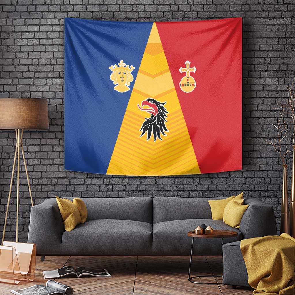 Sweden flag tapestry with blue, red, and yellow triangular design and crest details