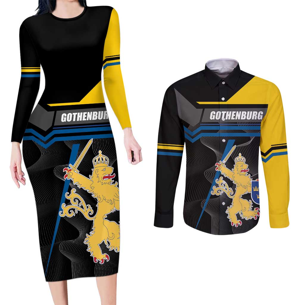 Personalized Kingdom of Sweden Gothenburg Couples Matching Long Sleeve Bodycon Dress and Long Sleeve Button Shirt Sweden Vastra Gotaland County