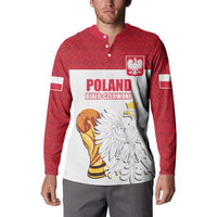 Red long-sleeve button sweatshirt worn on model, Poland crest and eagle front graphic