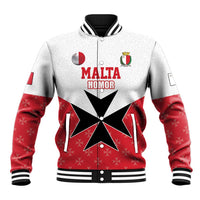 Red and white varsity baseball jacket with black star emblem, ribbed striped cuffs