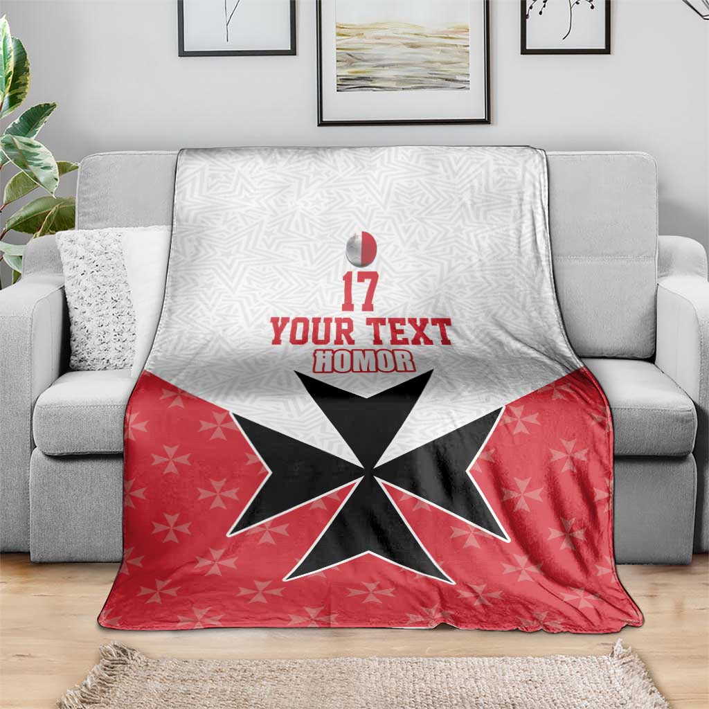 Football blanket with red bottom, white top, black star graphic, 'YOUR TEXT' and 17.