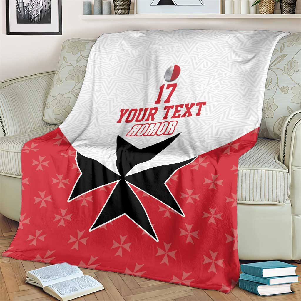 Red and white football blanket with black star, 'YOUR TEXT' and 17 on white panel.