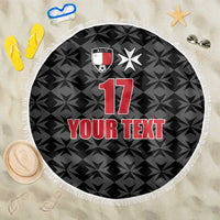 Round black beach blanket, football crest and number 17 with 'YOUR TEXT', fringe edge