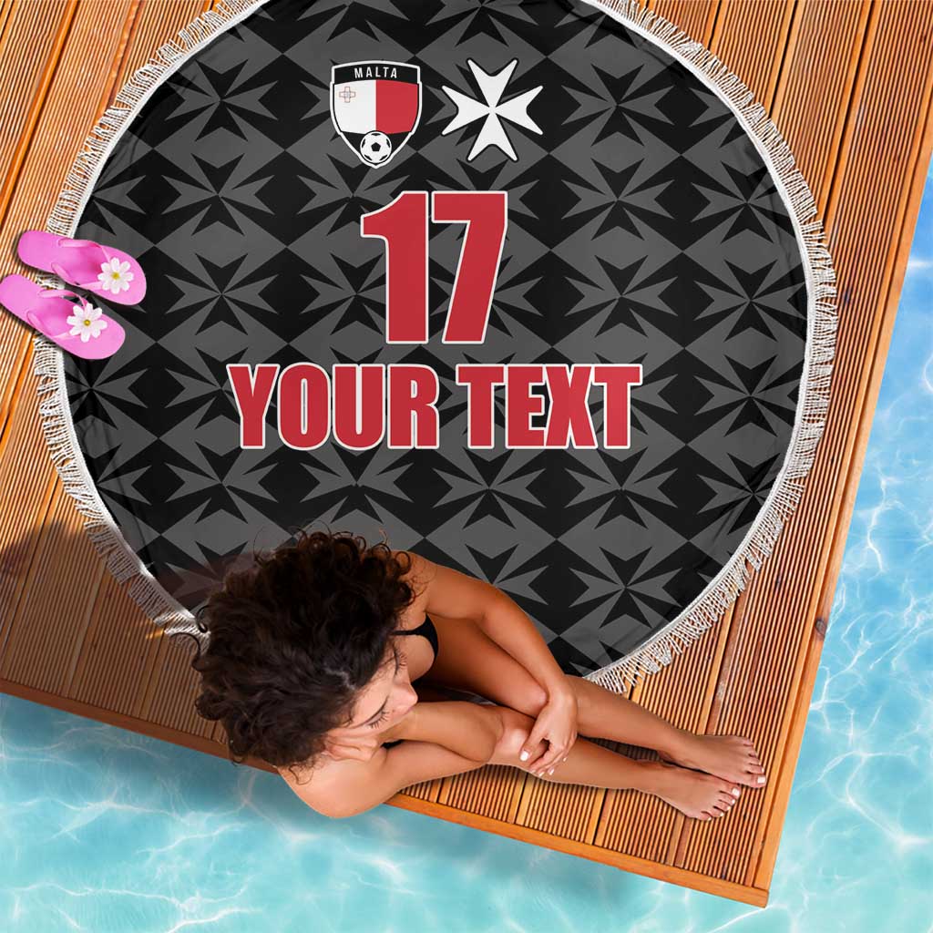 Angled round black beach blanket with football crest, number 17 and 'YOUR TEXT', fringe