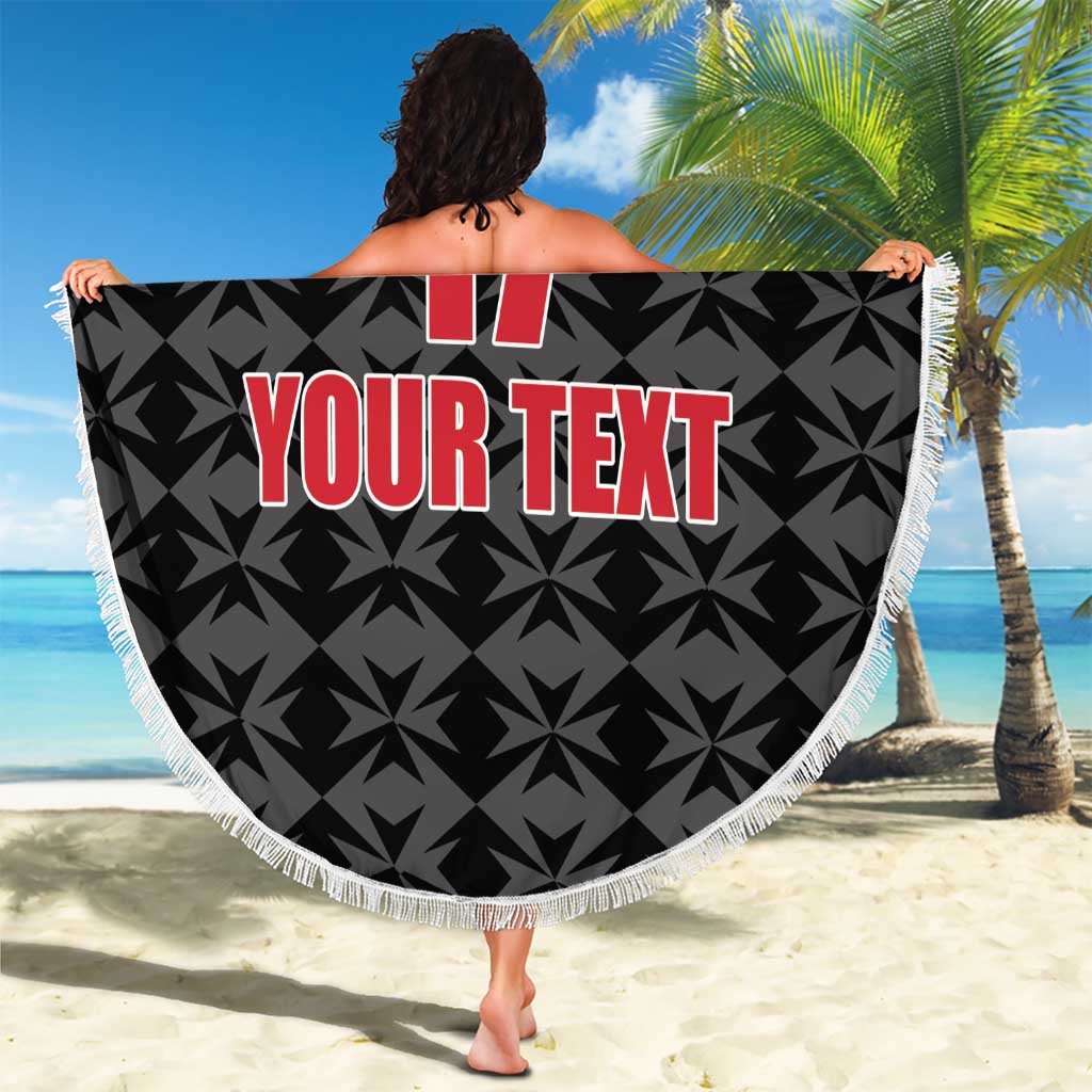 Person holding round black beach blanket, football crest 17 and 'YOUR TEXT', fringed edge