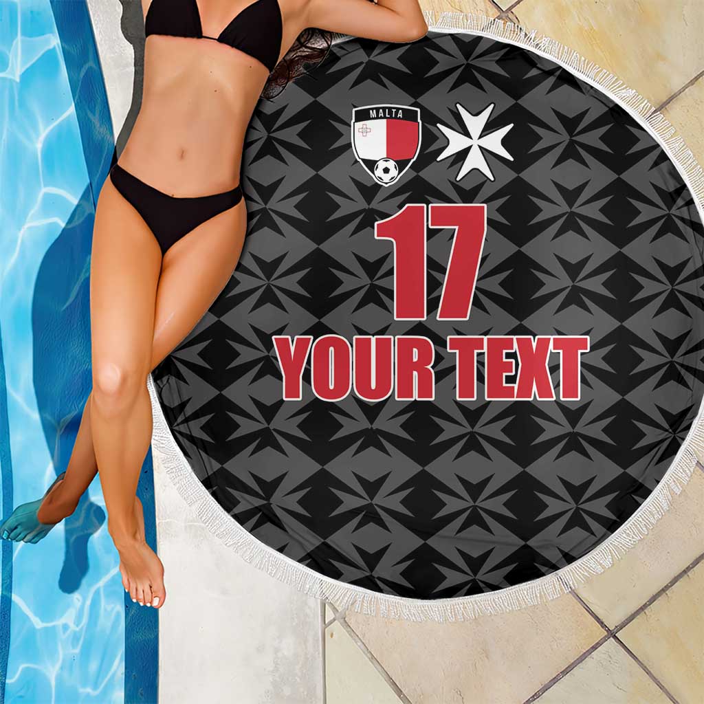 Round black beach blanket beside pool, football crest, number 17 and 'YOUR TEXT', fringe edge