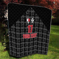 Black quilted football blanket with sports crest emblem, red 17, star, and YOUR TEXT.