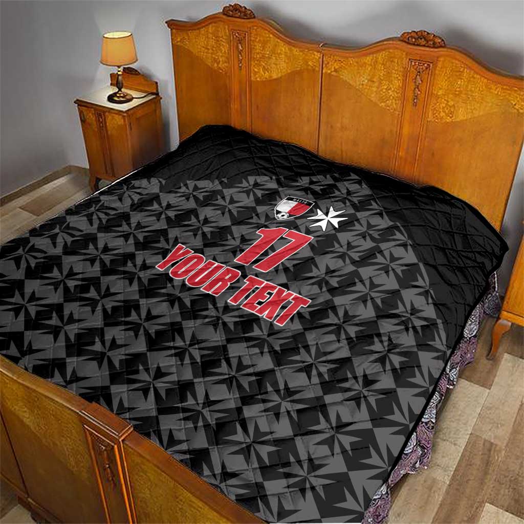 Black quilted football blanket with sports crest, red 17, star, and YOUR TEXT across center.
