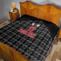 Black quilted football blanket with sports crest, red 17, star, and YOUR TEXT across center.